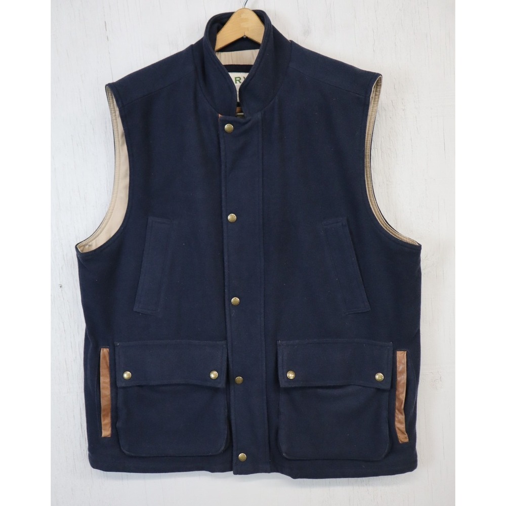 Orvis Vest Mens Size L Blue Wool Field Leather Trim Lined Hunting Jacket Outdoor